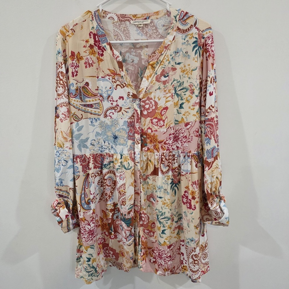 Womens Top Size XL Floral Colorful Patchwork Button Up Roll Tab Sleeve